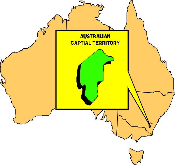 The map shows Australia with a highlighted capital territory labeled "AUSTRALIAN CAPITAL TERRITORY" in yellow text on top of it.