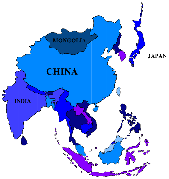 The map shows countries with their names labeled: China (in purple), India (blue), Russia (red).