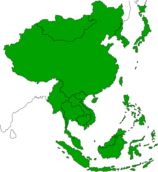 The map shows countries with green shading indicating a certain level of development or status within an organization; it is overlaid on top of another image that appears to be related to Asia but without more context I cannot provide specific details about what this other layer represents.