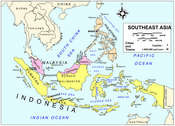 The map shows Southeast Asia with various countries labeled such as China, South Korea, Japan, Indonesia, Malaysia, Singapore, Thailand, Laos, Vietnam, Cambodia, Philippines, Brunei Darussalam and East Timor.