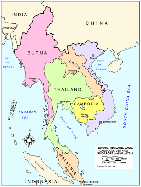 The map shows a stylized representation of Southeast Asia with country names labeled on it; there is no human activity depicted in this image.