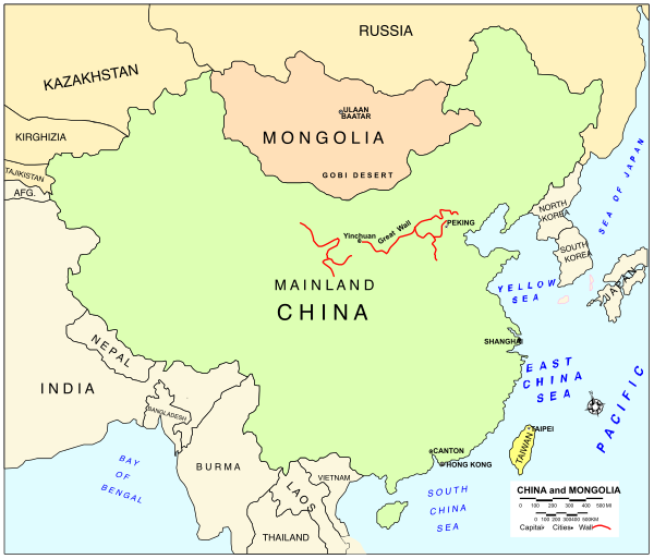 The map shows China with a highlighted area labeled "Mongolia" to its northwest, indicating it is part of Russia; there's also an inset showing Mongolia as separate from both countries on either side.