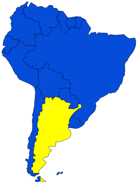 The map shows a stylized representation of South America with countries highlighted; Brazil is colored blue while Argentina appears yellowish-green in color.