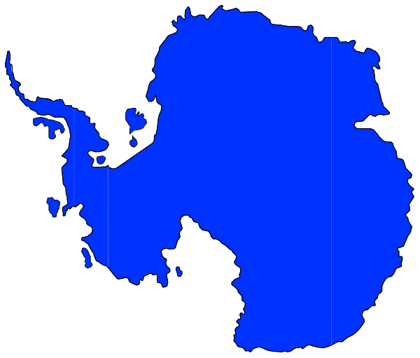 The image shows a stylized map of Antarctica with blue landmasses on black background.