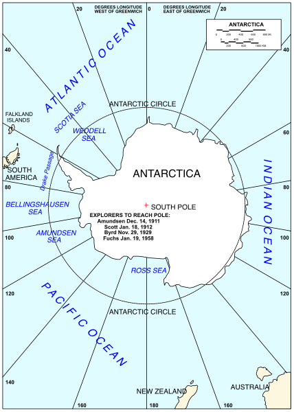 The map shows Antarctica with various labels indicating countries around it such as "Antigua," "South Pole" and other geographical features like oceans and land masses.