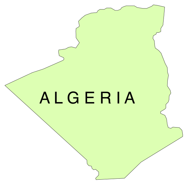 The map shows a stylized outline of Algeria with its capital marked by an asterisk symbolizing Africa's largest country in terms of area.