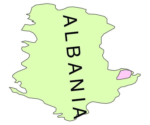 The map shows a stylized representation of Albania with its capital city labeled as Tirana on it.