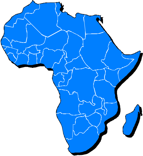 The map shows a stylized representation of Africa with blue shading on parts that appear to be landlocked countries such as South Sudan, Ethiopia, Botswana, Namibia, Zimbabwe and Lesotho; it is overlaid onto an image showing the African continent.
