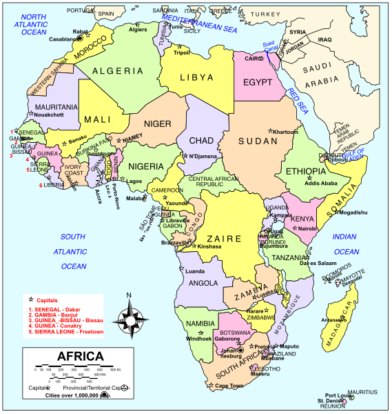 The map shows a stylized representation of Africa with country names labeled on it.