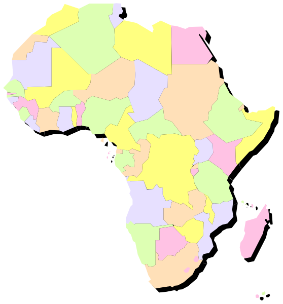 The image shows a stylized map of Africa with various regions highlighted by different colored borders; it is presented as clip-art in shades of brown on white background.