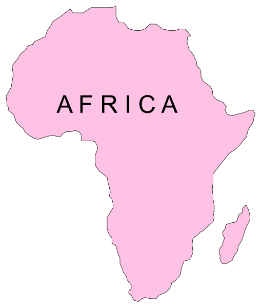 The image shows a pink outline of Africa with "Africa" written on it above an illustration that resembles a map pinpointing its location in relation to other countries.