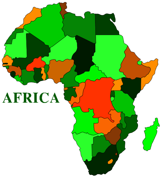The map of Africa with a color code indicating different levels of poverty across countries like Nigeria, Egypt, South Sudan, Kenya, Tanzania, Zimbabwe, Botswana, Namibia, and others.