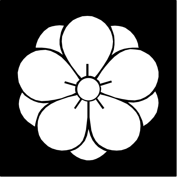 The black and white logo of a flower with six petals on it against a dark background.