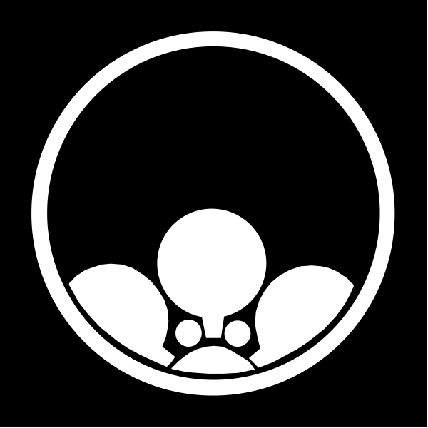 The logo features a stylized white flower with six petals inside an oval border on a black background.