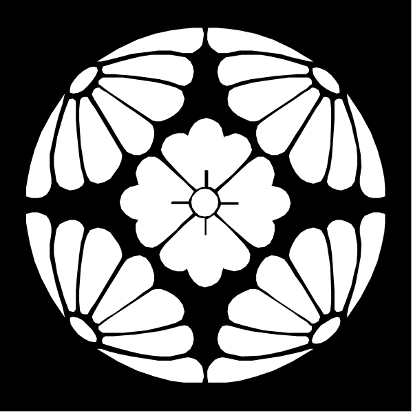 The image shows a stylized black and white emblem with intricate patterns resembling Japanese motifs such as flowers within an octagonal frame that has eight points at its corners.