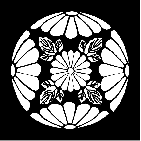 The black and white illustration shows a stylized floral pattern with intricate designs resembling Japanese motifs within an octagonal frame that has eight points at its corners.