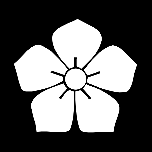 The black and white logo features a stylized flower with six petals arranged around an inner circle that contains another smaller design resembling a sunburst pattern at its center.