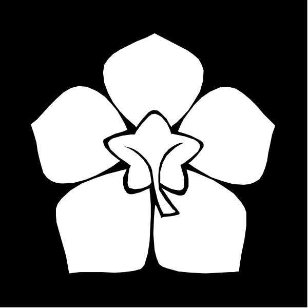 The black and white logo features a stylized flower with six petals arranged around an open center where there is no visible pistil or stamens; it has been simplified to emphasize its floral shape, which includes five rounded lobes on each side of the central opening that resembles a blossom.
