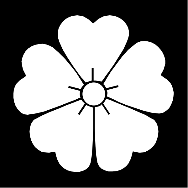 The black and white logo of a flower with six petals surrounding an inner circle is shown against a dark background.