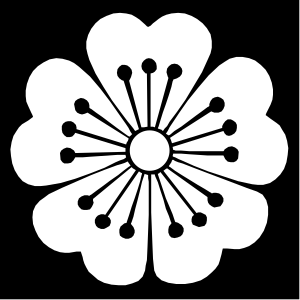 The black and white image features a traditional Japanese flower design with six petals surrounding an inner circle of smaller flowers at its center.
