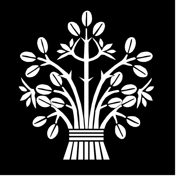 The black and white illustration shows a stylized tree with leaves on top of it inside an oval shape that resembles a vase filled with water.