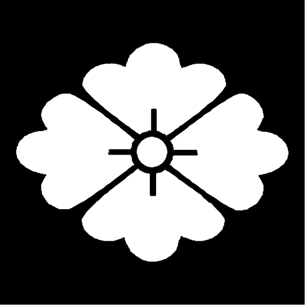 The image shows a black and white icon of an oriental flower with six petals arranged around it, resembling a stylized lotus blossom design often used in Asian cultures to symbolize purity and enlightenment.