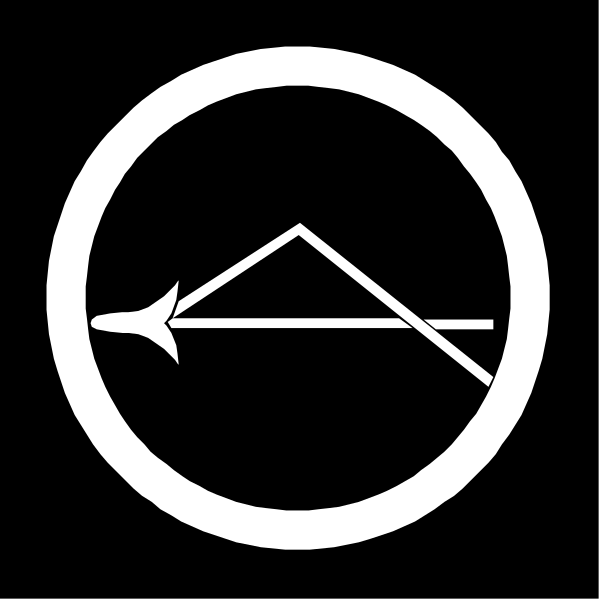 The black and white logo of a compass rose with an arrow pointing to it on top of what appears to be a mountain peak in front of two lines forming a triangle shape at its base.
