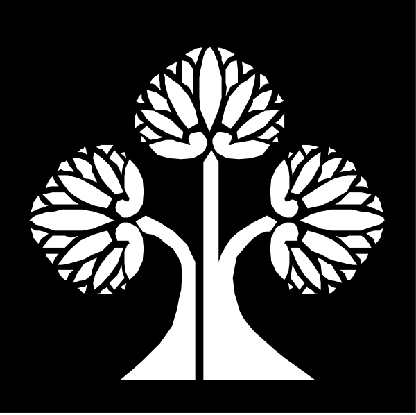 The black and white logo of a tree with three branches on top of each other is shown against a dark background.