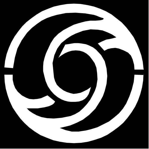 The image shows a black and white logo with two intertwined spirals forming an abstract design that resembles a stylized letter 'S'.
