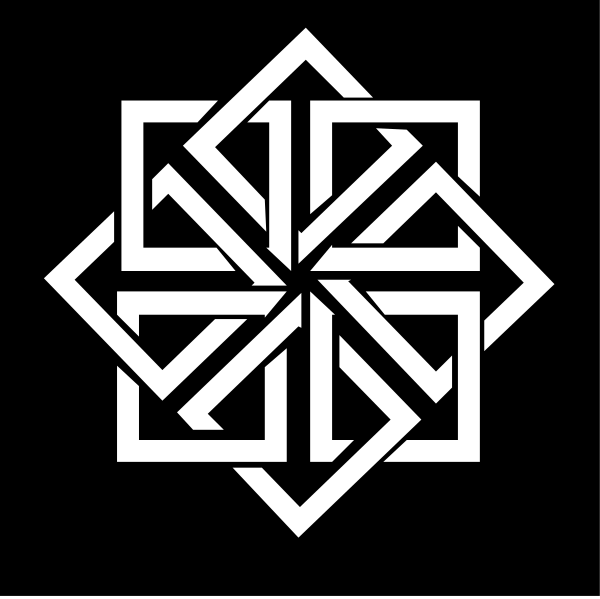 The image shows a black and white symbol consisting of interlocking lines forming an intricate pattern resembling a flower with six petals around its center; it is set against a dark background.