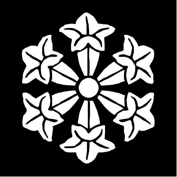 The black and white emblem features a symmetrical design with six petals surrounding an inner circle that contains three stars at its center.