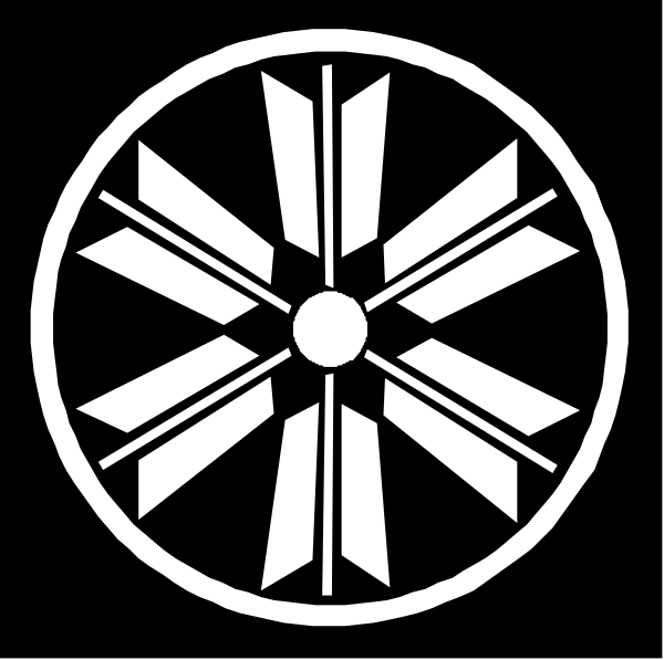 The black and white logo of a compass rose with eight points around it on an emblematic background.