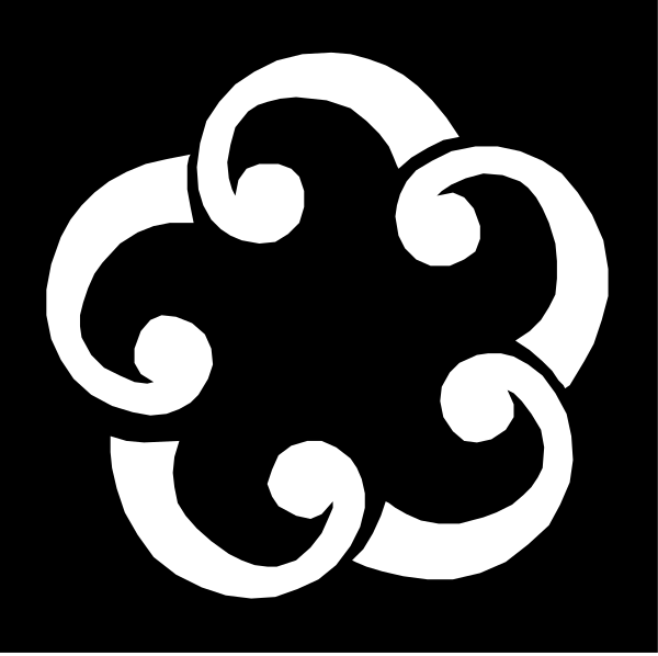 The image shows a black and white logo with an intricate design that resembles intertwined swirls forming two overlapping circles within each other; it is set against a dark background.
