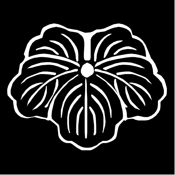 The black and white logo features two stylized Japanese motifs: a flower with petals that resemble leaves on top of each other in one corner; below it is an emblem consisting of three vertical lines, which could be interpreted as representing either waves or mountains, depending upon the viewer's perspective.