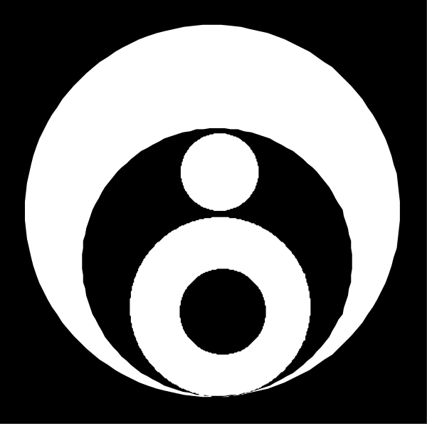 The logo features a white symbol with two black circles connected by an arc on either side of it; within this circle is another smaller design that resembles a human figure in profile facing rightward.