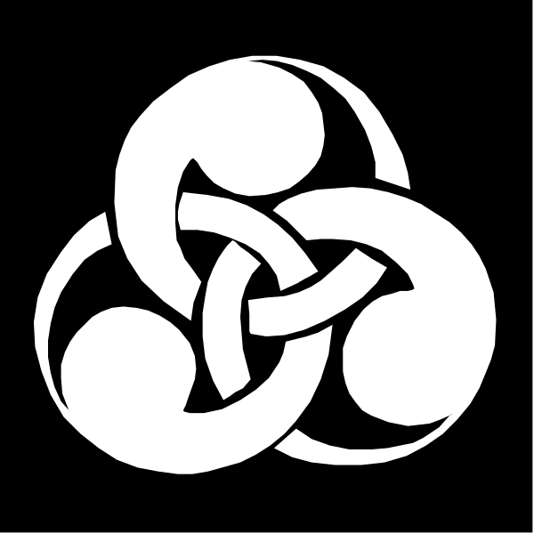 The image shows a black and white logo with two intertwined circles forming an emblem that resembles a stylized knot of rope or chain.