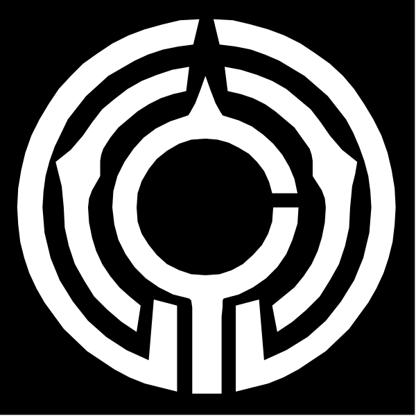 The logo consists of two interconnected symbols: a circle with an arrow pointing upwards inside it on top left corner and another symbol that resembles a shield-like shape below it in bottom right corner.