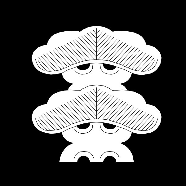 The black and white illustration shows a stylized depiction of two mushrooms with large caps on top against an empty background.