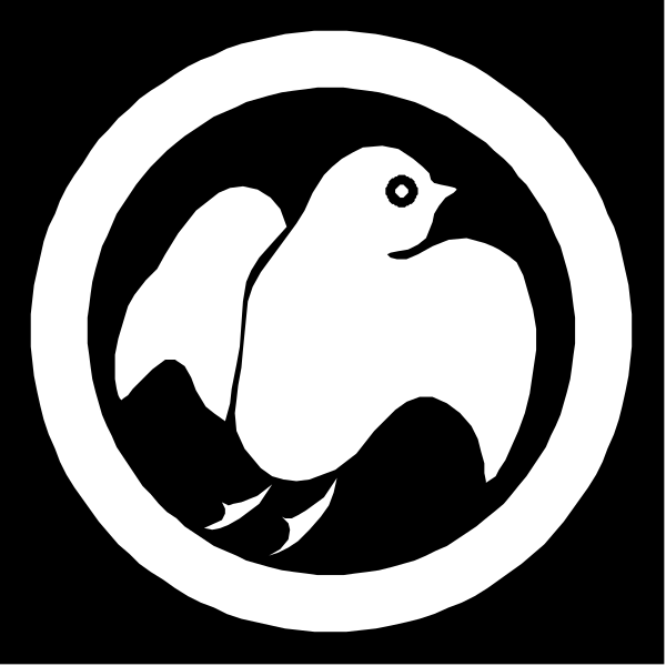 The logo features a stylized white bird with wings spread inside an oval circle on top of what appears to be mountains in black silhouette against a dark background.