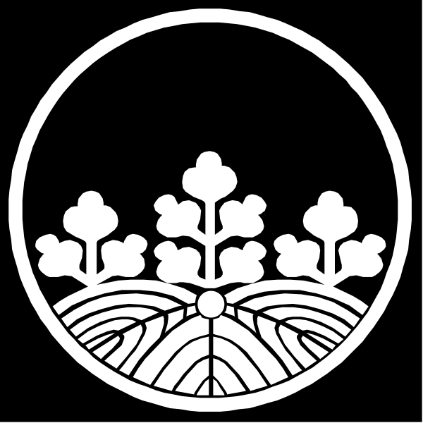 The black and white logo of a company with two circular emblems featuring stylized trees on either side.