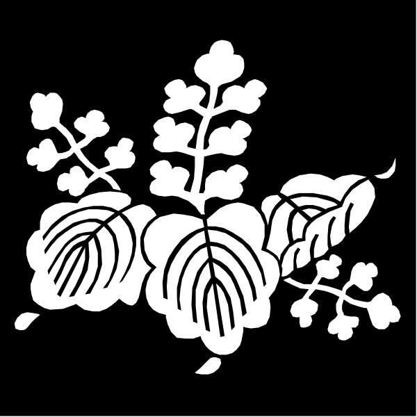 The black and white illustration features a floral design with leaves on either side of what appears to be an open flower in the center.