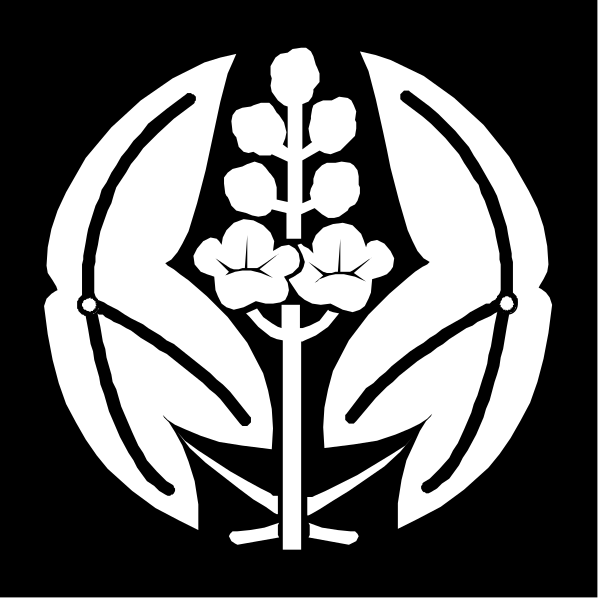 The logo features a stylized white flower with leaves on either side of it against a black background.
