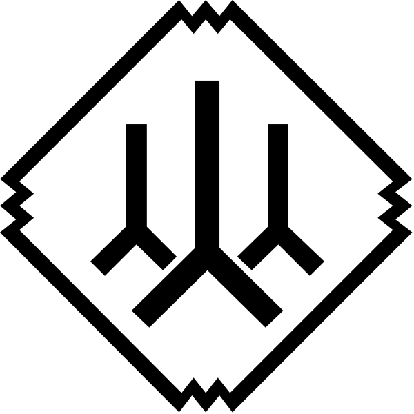 The image shows a black and white logo with three stylized human figures standing upright on what appears to be an abstract surface resembling snowflakes against a dark background.
