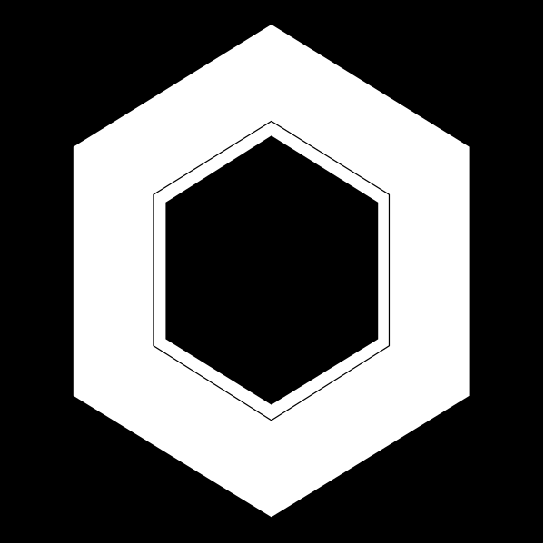 The image shows a hexagon with an open book inside it against a black background.