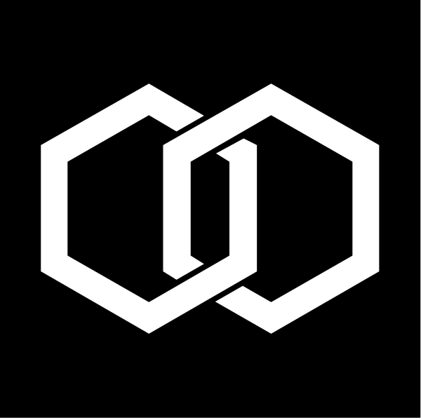 The image shows a black logo with white text that reads "O".