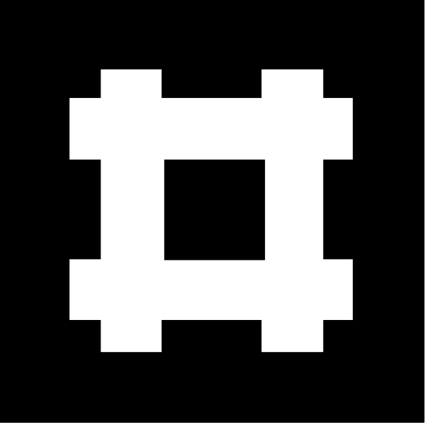 The image shows a simple black and white pixelated graphic of an object that resembles a stylized letter 'A' with two vertical lines on either side forming what appears to be a square shape within it, set against a dark background.