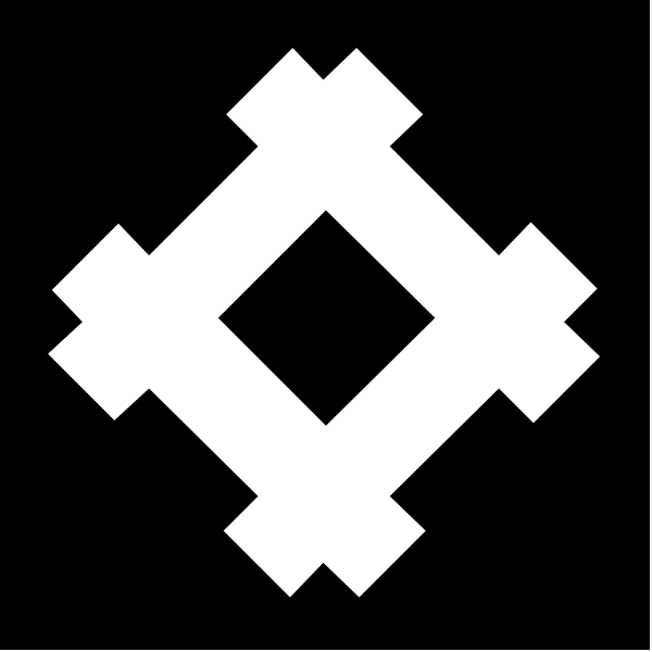 The image shows a black and white logo with an abstract design resembling a stylized letter 'H' inside of which there is another smaller square pattern that could be interpreted as a cross-like shape, set against a dark background.