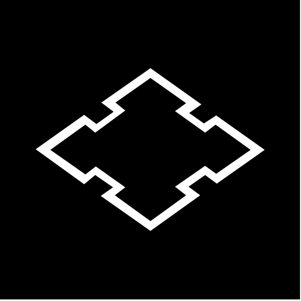 The image shows a black and white logo with an abstract design resembling a stylized letter 'H' inside what appears to be a square frame within another larger rectangle shape.