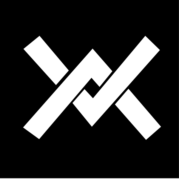 The image shows a black and white logo with two intersecting lines forming an 'X' shape atop each other within a square frame.