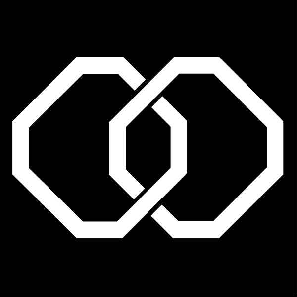 The image shows a black logo with white lines forming an interlocking design that resembles two gears connected by three vertical bars in between them; there is no text present within this clip-art description.